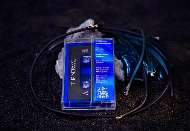 The Normal: the open case showing the tape and the printed J-card, among cables on dark sand